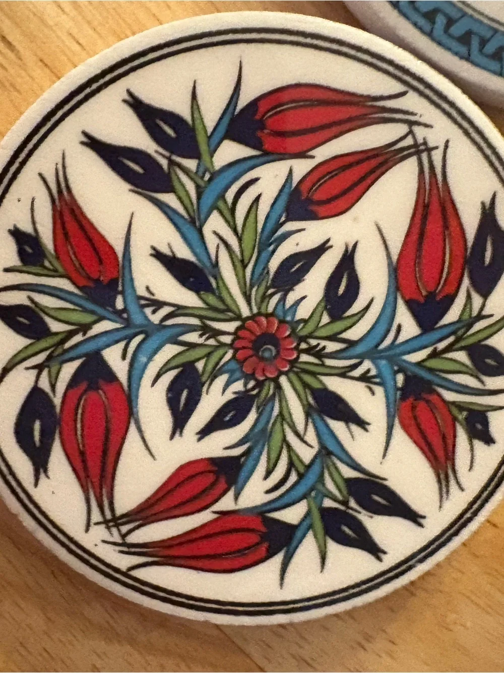 2- Turkish Decorative Ceramic trivets - Red & Blue Floral Set